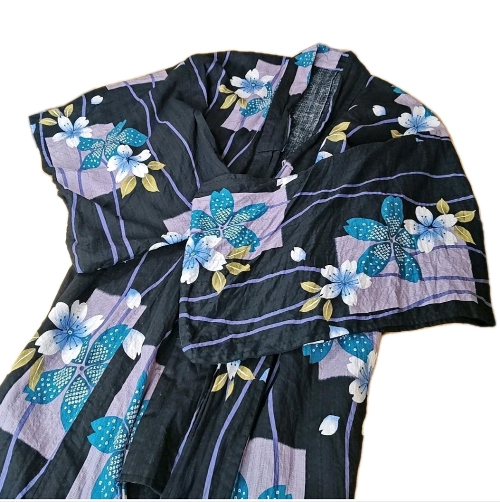 Draped Front Kimono Robe Wrap Tropical Dark Floral Resort Beach Cruise Woman O/S - Picture 3 of 9
